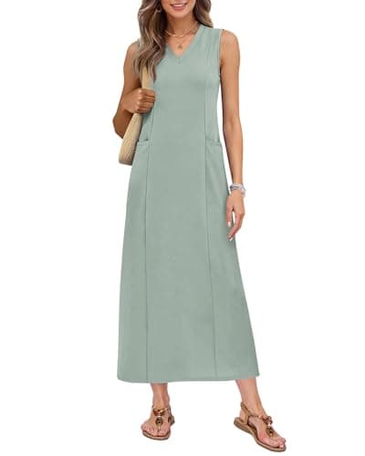 MISFAY Women's 2026 Summer Sleeveless Maxi Dress V Neck Flowy A Line Modest Beach Dresses Elegant Dresses with Pockets(Sage Green,XL) - Image 1