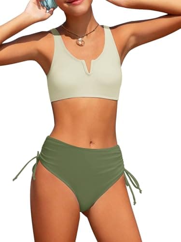 AMAWMW Girl's 2 Piece Swimsuit Solid Spaghetti Strap Bikini Sets V-Neck Cutout Bathing Suit Swimwear with Chest Pad, Green, 13-14 Years - Image 1