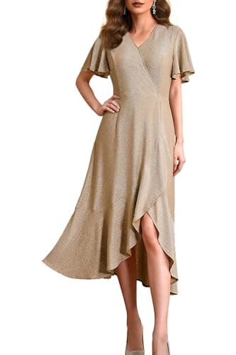 Autumn Flowerwall Formal Dresses for Women Sequin Dress for Wedding Guest with Flutter Short Sleeve,Cocktail Party Dresses (US, Alpha, XX-Large, Plus, Regular, Champagne) - Image 1