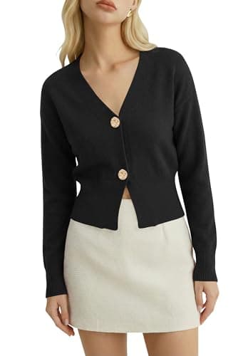 Women V Neck Cropped Cardigan Sweaters Slim Fitted Long Sleeve Button Up Knit Cardigans Spring Outfits Black S - Image 1