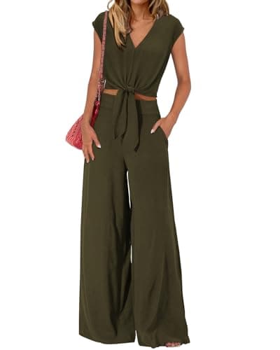 PRETTYGARDEN Vacation Outfits For Women 2025 Solid Color Cute 2 Piece Long Pant Sets Dressy Work Business Officce Outfit(Solid Army Green,X-Large) - Image 1