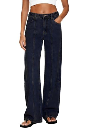 MARIASHA Pull On Women's Wide Leg Jeans High Waisted Stretchy Buttoned Denim Pants Jean Deep Blue L - Image 1