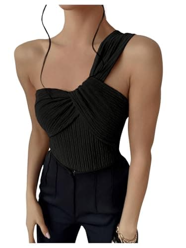 GORGLITTER Women's Twist Front One Shoulder Bodysuit Sleeveless Backless Asymmetrical Neck Tank Top Jumpsuits Black Small - Image 1