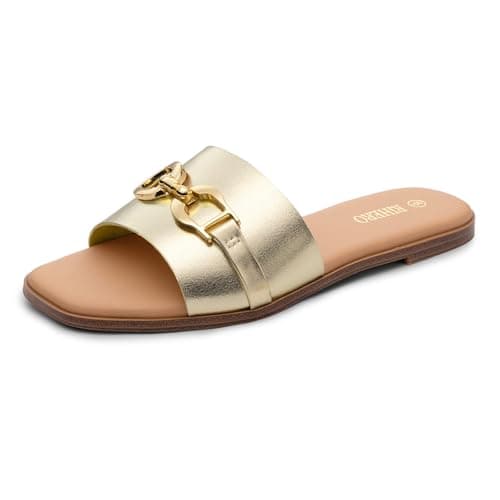 Rihero Gold Flat Sandals for Women Summer Square Open Toe Slides Slip On Fashion Beach Walking Slide Sandals Size 8 - Image 1