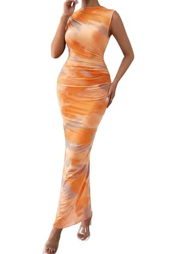 PRETTYGARDEN Summer Dresses for Women 2026 Sleeveless Bodycon Maxi Spring Mock Neck Tie Dye Mesh Cocktail Going Out Dress (Floral Yellow,X-Large) - Image 1