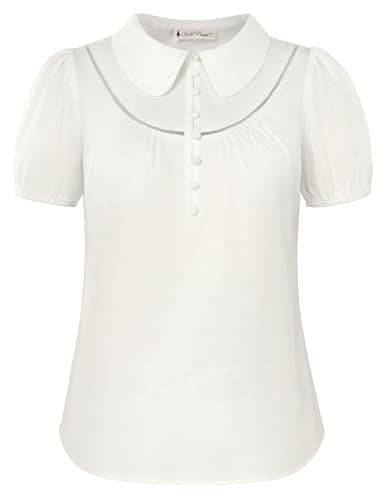 Belle Poque Short Puff Sleeve Blouses for Women Peter Pan Collar Dressy Work Shirts Summer Cotton Tops White XXL - Image 1