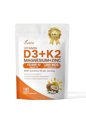 VivoNu Vitamin D3 K2 10,000 IU Magnesium Supplement – 4-in-1 with Vitamin D and K (MK-7), Magnesium Glycinate & Zinc Citrate – 180 Softgels for Energy, Bone* & Muscle* Support* - Image 1