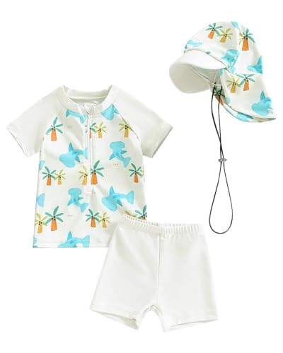 JiAmy Toddler Baby Boys Rash Guard Set with Swim Trunks for Kids 3PCS Short Sleeve Rashguard Swim Set Sunsuits Bathing Suits White 12-18 Months - Image 1