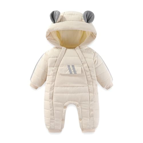 JiAmy Baby Snowsuit Baby Bear Hooded Winter Outfit Double Girl Boy Zipper Winter Clothes Romper White 3-6 Months
