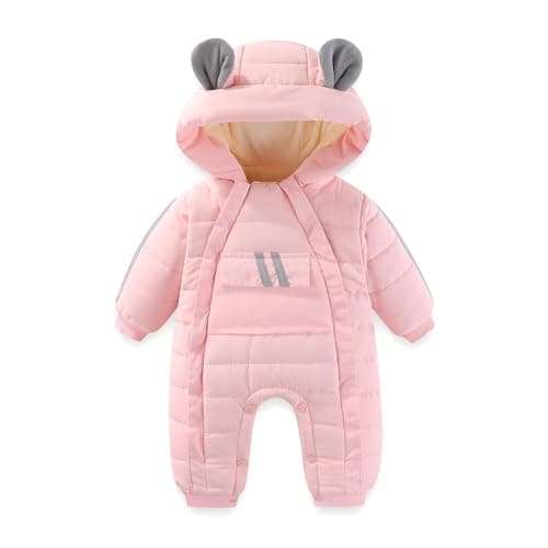 JiAmy Baby Snowsuit Baby Bear Hooded Winter Outfit Double Girl Boy Zipper Winter Clothes Romper Pink 3-6 Months - Image 1