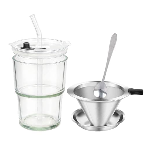 NANSPATH 380ml Single-Serve Full Immersion Coffee Brewer, Thick Glass Brewing Cup with Reusable 600-Mesh Stainless Steel Filter, Portable Hot Brew Maker with Lid, With Stirring Spoon,Transparent color - Image 1