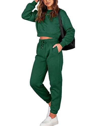 BTFBM Women 2 Piece Outfits Long Sleeve Crop Top Pullover Drawstring Pant Jogger Set Casual Sweatsuits Tracksuit Pockets(Dark Green, Large) - Image 1