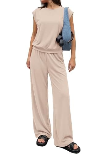 PRETTYGARDEN Women's Summer 2 Piece Lounge Sets 2026 Cap Sleeve Tops Wide Leg Pants Workout Sets Loose Casual Tracksuit(Beige,Small) - Image 1