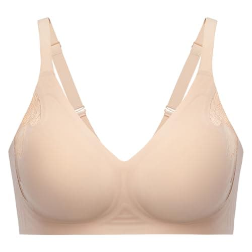 Angelhood Bra for Women No Underwire Seamless Full Coverage Bralettes Lace Edge Ultra Comfort Support T-Shirt Bra Push Up Beige - Image 1