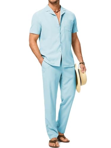 JMIERR Men 2 Piece Outfit Short Sleeve Button Down Shirt Casual Beach Pant Sets Resort Wear with Pocket, 2XL, Blue - Image 1