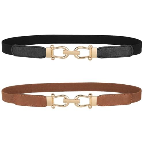 JASGOOD Women Skinny Elastic Belt for Dresses,Thin Retro Stretch Waist Belt with Golden Buckle 2 Pack,Black+Brown - Image 1