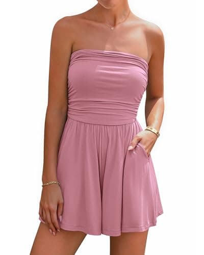 BTFBM Womens Romper Summer 2026 Strapless Tube Tops Beach Vacation Clothes Boho Loose Spring Shorts Jumpsuits Pockets(Pink, Large) - Image 1