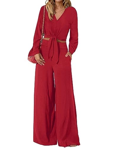 PRETTYGARDEN Women's 2 Piece Outfits 2026 Spring Fashion V Neck Long Sleeve Strappy Crop Top Wide Leg Pant Lounge Sets(Red,Medium) - Image 1