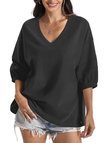 EasyGala Womens Cotton V Neck Sweatshirt 3/4 Sleeve Slouchy Fit Going Out Tops Trendy Side Slit Work Shirt Casual Fall Lightweight Outfits Y2K Winter Clothes 2025 Black Small - Image 1