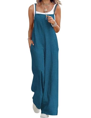 BOHOWE Womens Overalls Plus Size Loose Casual Wide Leg One Piece Sleeveless Solid Overalls Adjustable Straps Long Pant Rompers with Pockets Fashion Outfit 2026 M HPZ Cyan - Image 1