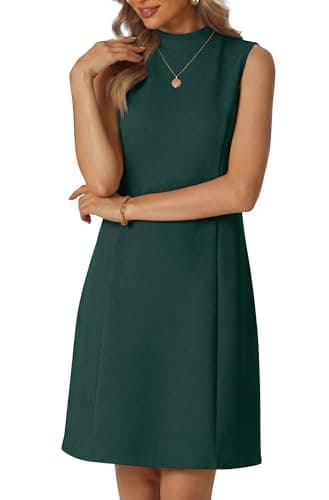 HiMONE Womens Sleeveless Mock Neck Mini Dress with Pockets A Line Knee Length Cute Office Dress Dark Green - Image 1