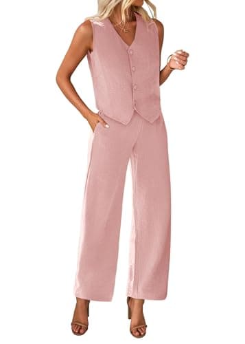 KIRUNDO Womens Suits 2 Piece Set Summer Linen Crop Blazer Vest and Pants Sets Dressy Casual Matching Clothes Going Out Outfits (Pink, Large) - Image 1