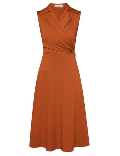 GRACE KARIN Summer Women Business Work Dress - Ruched Wrap V Neck Sleeveless Midi Orange M - Image 1