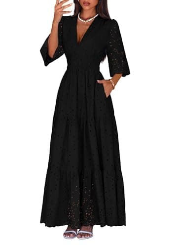 Lazysmile Long Sleeve Dresses for Women V Neck Hollow Out Eyelet Ruffle Swing A-Line Fall Vacation Boho Maxi Dress Black - Image 1
