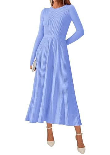 KIRUNDO Women Sweater Dress Holiday Ribbed Knit Long Sleeve Slimming Maxi Dress Fall Pleated Elegant A Line Winter Dresses(Baby Blue, XX-Large) - Image 1