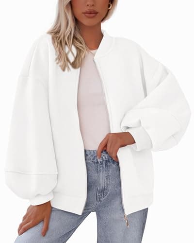KIRUNDO Oversized Sweatshirt for Women Zip Up Bomber Jacket 2026 Fall Fashion Casual Long Sleeve Outerwear Winter Outfits(White, Large) - Image 1