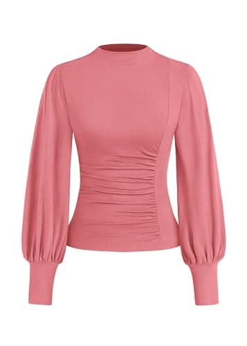 KIRUNDO Blouses for Women Dressy Casual 2026 Spring Tops Fall Puff Long Sleeve Shirts Fitted Mock Neck Ruched Trendy Tops(Pink, X-Large) - Image 1