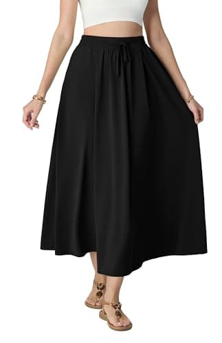 HiMONE Women 2026 Spring Summer High Waist Boho Maxi Skirt Trendy Casual Flowy Pleated A Line Beach Long Skirts Black M - Image 1