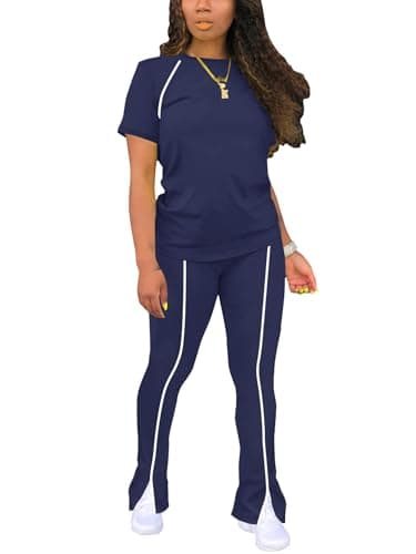 STOLKISS Women's 2 Piece Lounge Outfits Slim Short Sleeve Tops High Rise Flare Leggings Sets Tracksuit Sweatpants Yoga Sweatsuit Blue L - Image 1