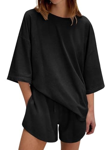 Tankaneo Womens 2 Piece Shorts Set Summer Casual Half Sleeve Tunic Tops High Waisted Shorts Lounge Outfits Black - Image 1