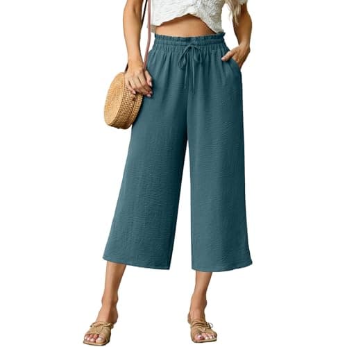 FREEOAK Women’s Linen Pants for Vacation High Waist Wide Leg Palazzo Style Flowy Casual Capri Pants 2026 Blue Green 4X-Large - Image 1