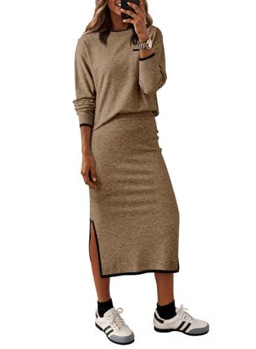 Dokotoo 2 Piece Sets for Women Sweater Dress Knit Travel Outfits 2 Pieces Set Womens Winter Dresses Women's Skirts Set Fashion Beige Sweater Dreses for Women 2025 Large - Image 1
