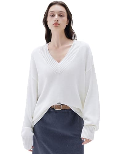 SUUKSESS Women Cashmere Oversized Sweaters V Neck Pullover Tops Fall Winter Long Sleeve Jumpers (Snow White,XS) - Image 1
