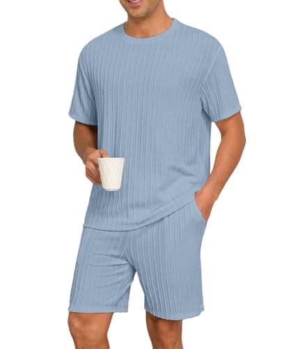 PrinStory Mens Pajamas Set Summer Pjs Sets Lightweight Short Sleeve Pajama Shorts Set Soft Sleepwear Loungewear with Pockets Gray Blue-S - Image 1