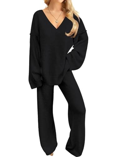 NORACORA Womens 2 Piece Fuzzy Fleece Pajamas Lounge Sets Long Sleeve V Neck Fluffy Pjs Matching Loungewear Black - Image 1
