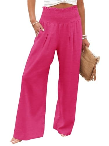 GEMLON Womens Wide Leg Pants High Waisted Palazzo Pants Summer Flowy Lounge Trousers Pants with Pockets Rosy Red M - Image 1
