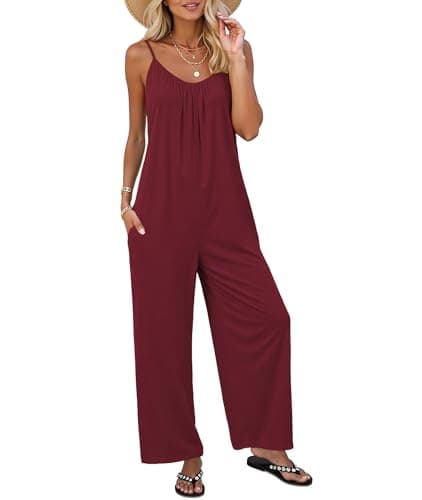 LILBETTER Loose Jumpsuits for Women Casual Summer Sleeveless Rompers Wide Leg Boho One Piece Outfits with Pockets Adjustable Strap(Wine Red Medium) - Image 1