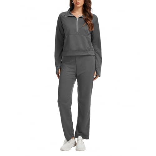 Anyshe Women's 2 Piece Sweatsuit Set Lounge Set Half Zip Sweatshirt with Kangaroo Pocket Thumb Holes Wide Leg Drawstring Pants Casual Tracksuit for Travel Daily Wear, Charcoal Grey, Small - Image 1