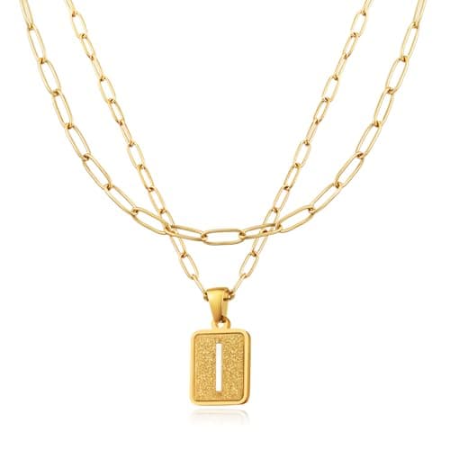 LETFLY Initial Gold Necklaces for Women, 18K Gold Plated Letter Layering Necklace Square Shaped Pendant with Adjustable Paperclip Chain for Womens Jewelry Gifts Alphabets I - Image 1