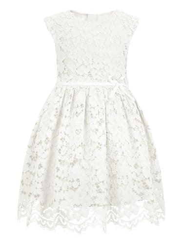 ALLOVIN Girls & Toddlers Sleeveless A-Line Lace Party Dress Birthday Wedding & Flower Girl Dress with Beaded Bowknot | Off-White | 3-4T - Image 1