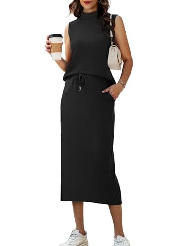 Casly Lamiit Two Piece Sets for Women Sleeveless Mock Neck Casual Work Office Outfits Casual Midi Skirt Set Conjuntos de 2 Piezas Para Mujer Black XL - Image 1