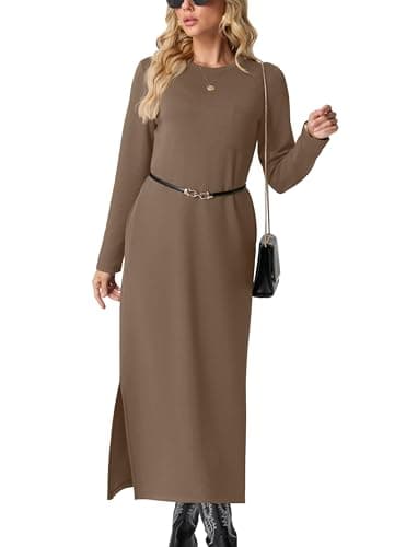 GRECERELLE Women's Casual Spring Fall Round Neck Split Long Sleeve Maxi Dress with Pockets(Light Coffee,L) - Image 1