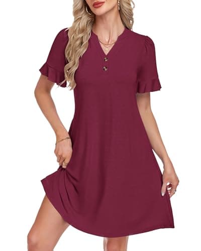 MOLERANI Women's Summer Dresses Casual T Shirt Dress Short Sleeve Ruffle V Neck Wedding Guest Dress Loose Fitting with Pockets Summer Outfits Cute Beach Sundress 2026, Wine Red, L - Image 1