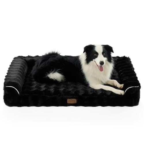 COZY KISS Faux Rabbit Fur Orthopedic Dog Bed, Large Dog Bed, Supportive Foam Pet Sofa with Waterproof Lining Cover, Washable U-Shaped Pet Couch with Anti-Slip Bottom Design, Black XL 42x30x7 inch - Image 1