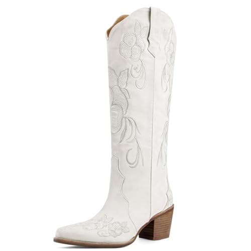 VOZTOLLS Western Cowboy Boots for Women Knee High Tall Cowgirl Boots Pointed Toe Chunky Heel Retro Flower Embroidered Dress Long Boot for Party Wedding White Size 8 - Image 1