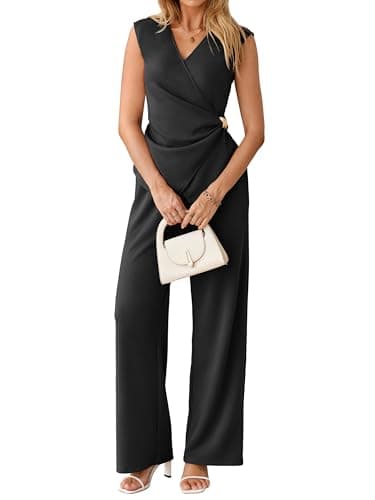 Glamaker Women's 2 Piece Outfits Summer V Neck Sleeveless Wrap Ruched Top and Wide Leg Pants Business Casual Sets 2026 Office Work Travel Clothes Black M - Image 1